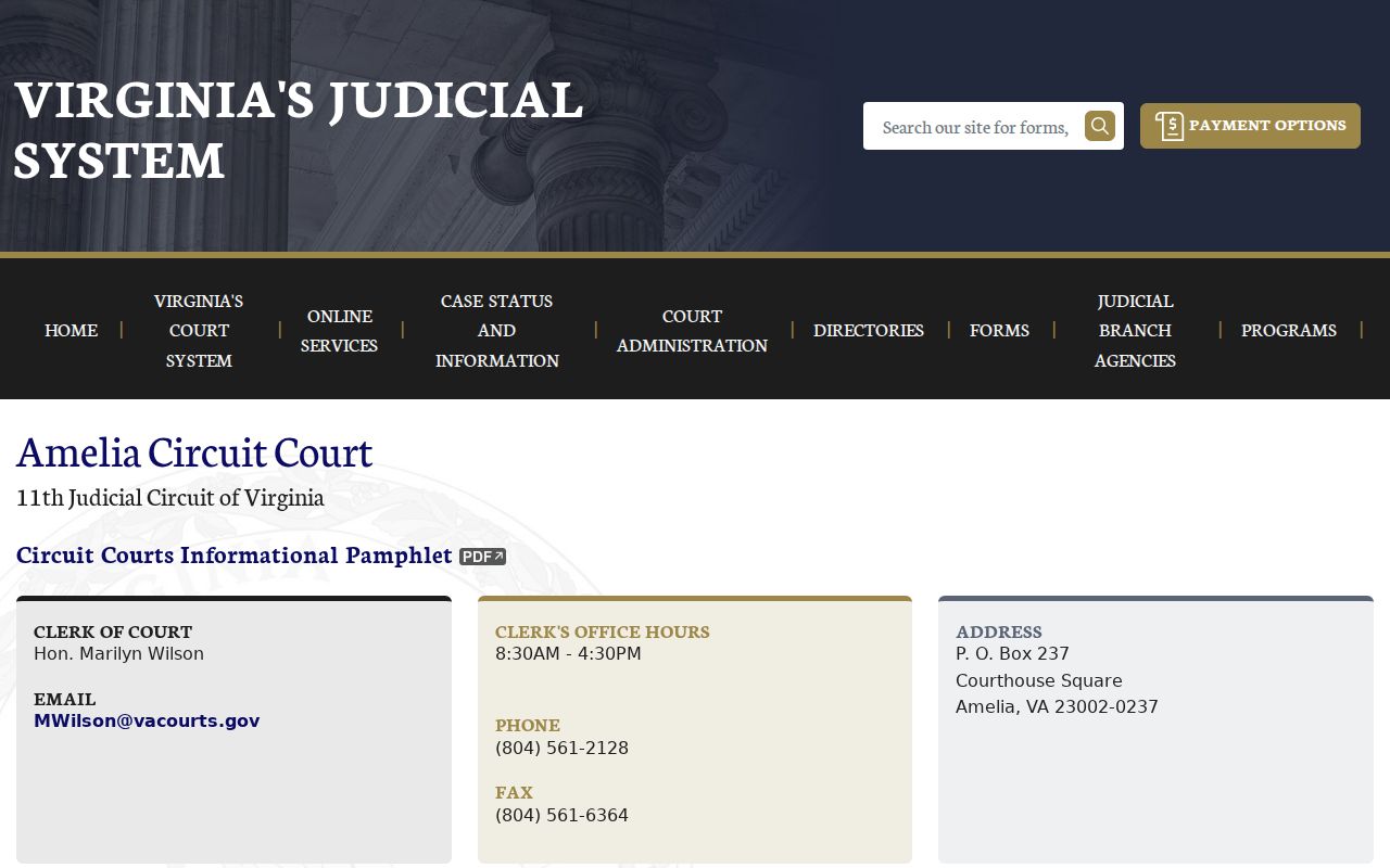 Amelia County active warrant records reference showing the Circuit Court clerk contact page