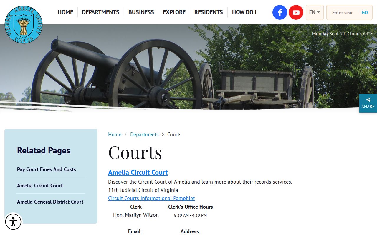 Amelia County active warrant records resource showing the official County Courts page