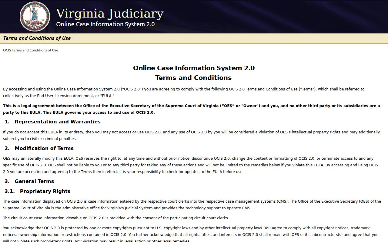 Amelia County active warrant records reference to the official OCIS terms and disclaimer