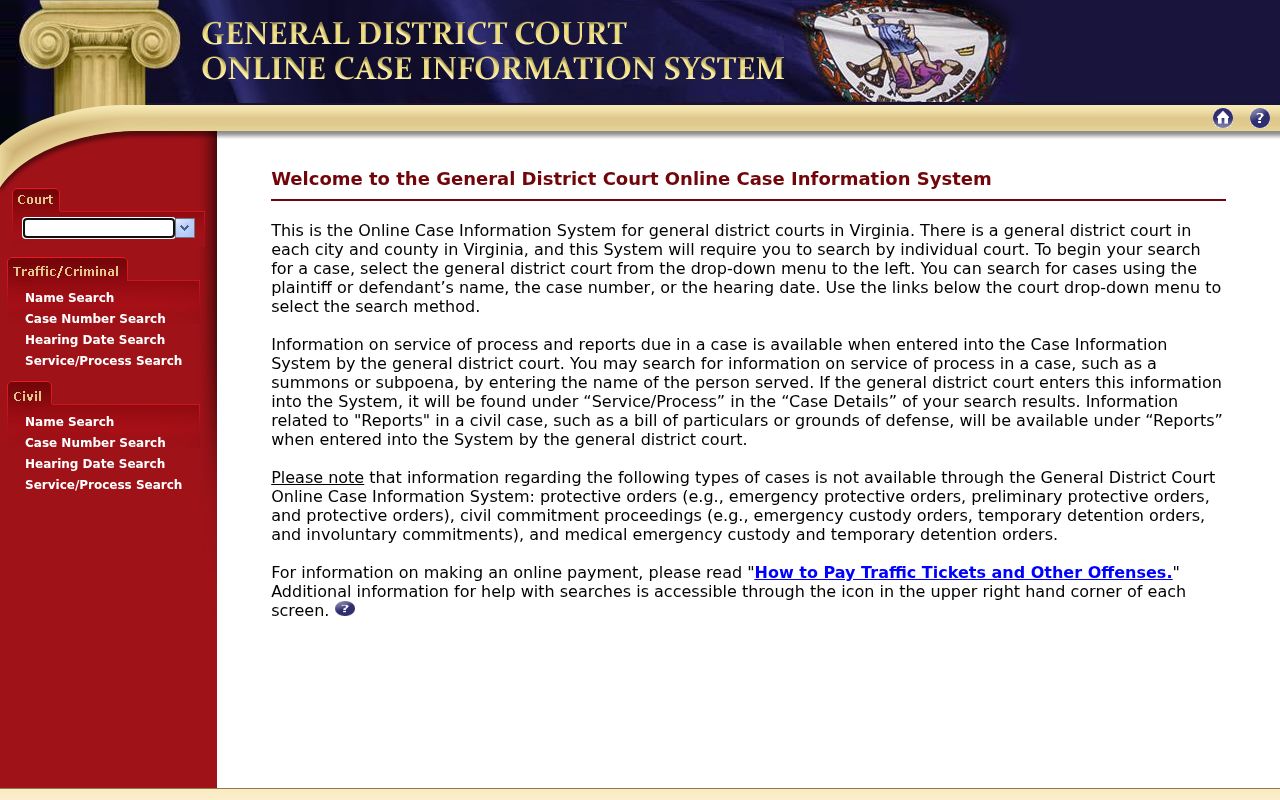 Amelia County warrant records search showing the official court selection interface