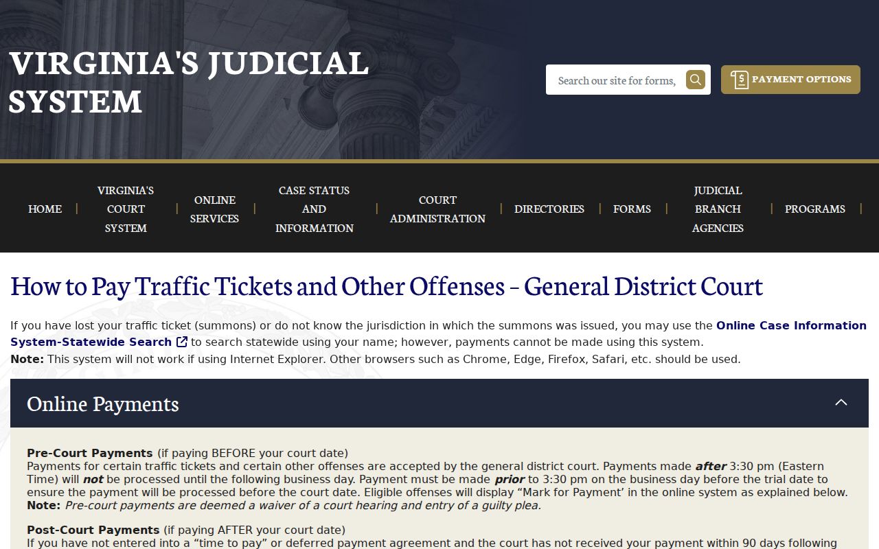 Amelia County warrant records reference showing the General District Court case search page