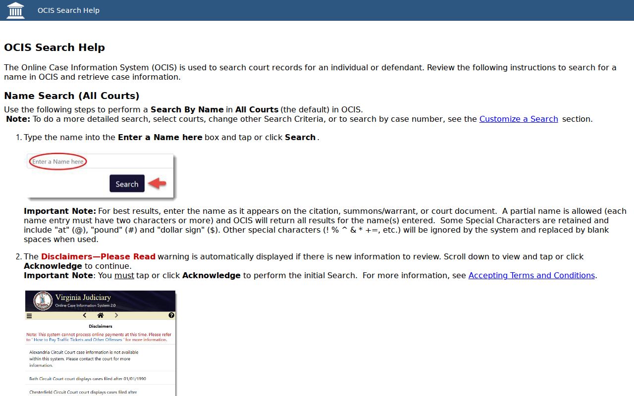 Amelia County warrant records search help showing official OCIS name, case, and hearing-date fields