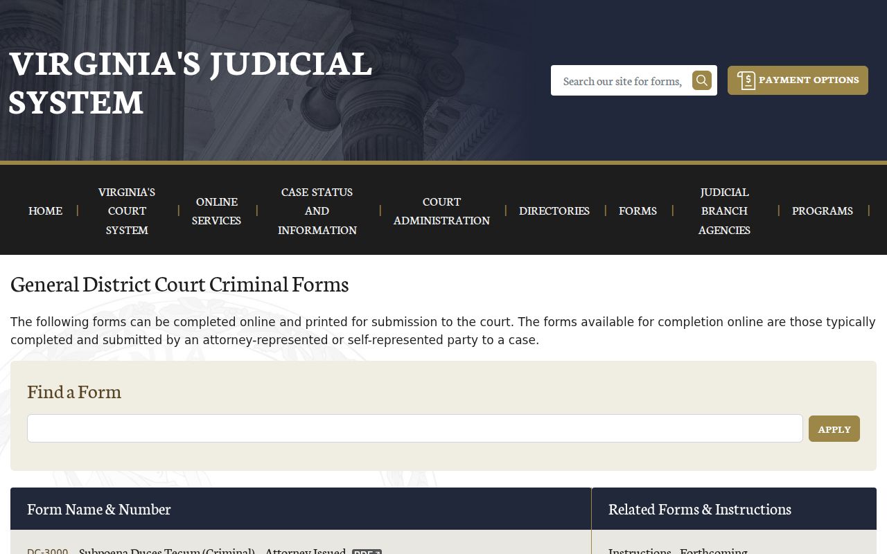 Amelia County bench warrant reference showing Virginia's district court criminal forms index