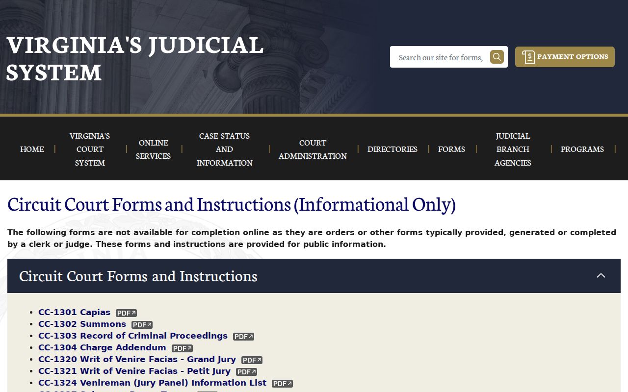 Amelia County bench warrant reference showing a Virginia court form index with capias and show-cause forms