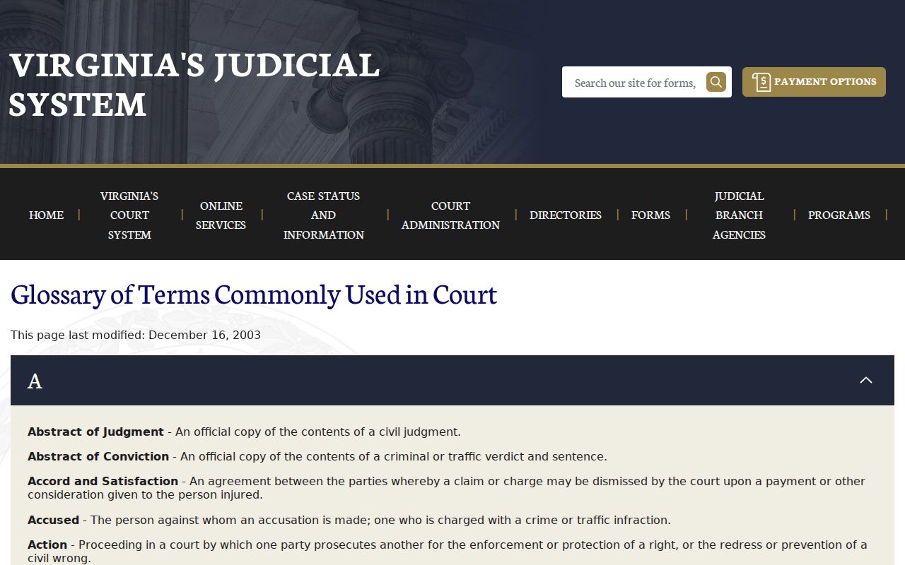 Amelia County bench warrant reference showing Virginia's official court glossary for capias and warrant terms