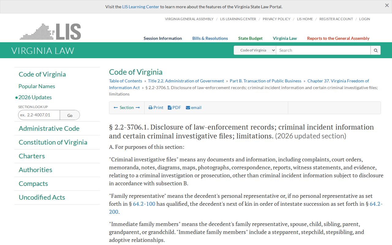 Amelia County active warrant records access reference showing Virginia law-enforcement record exclusions
