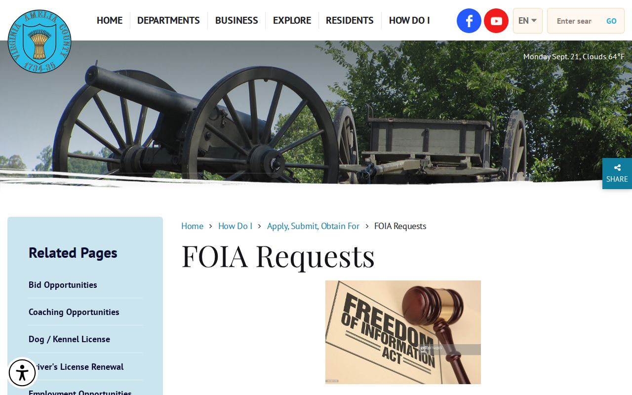 Amelia County warrant records resource showing the official County FOIA request page