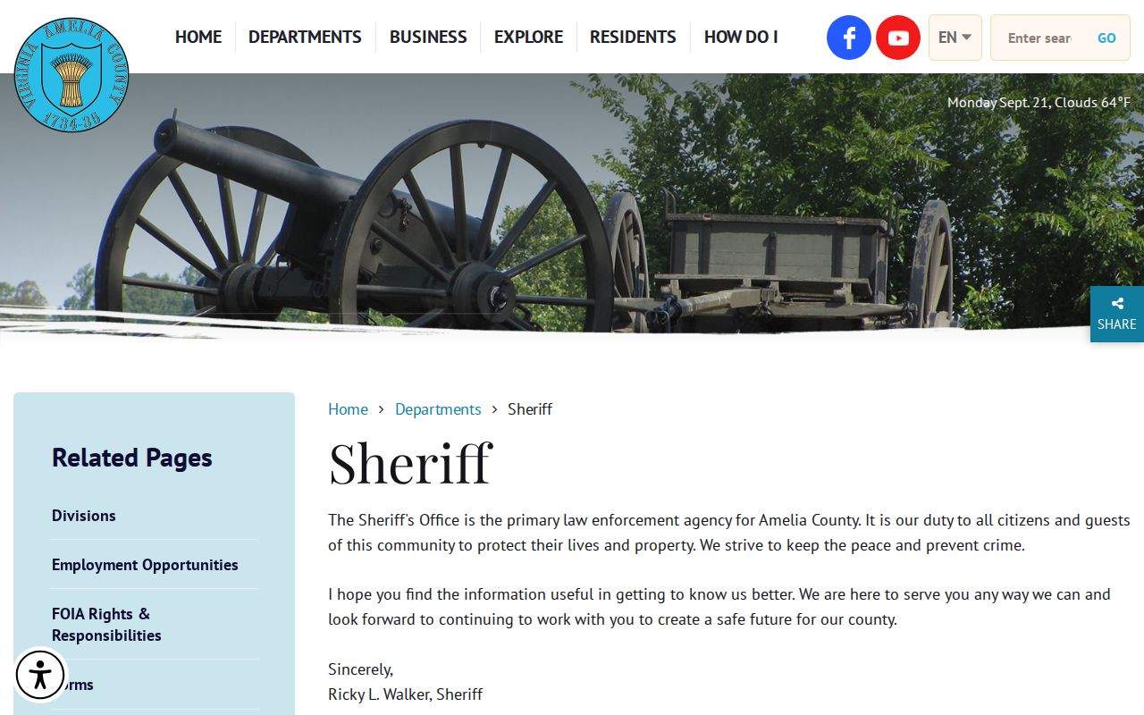 Amelia County warrant records resource showing the official Sheriff's Office contact page