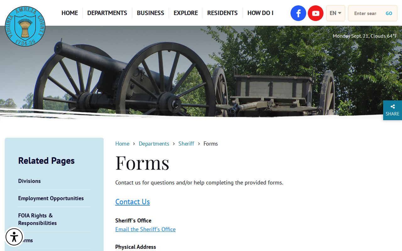 Amelia County warrant records resource showing the Sheriff's local-records form information